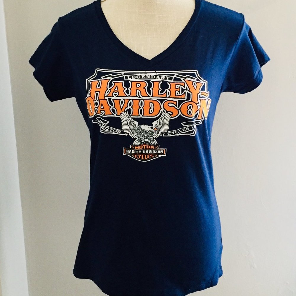 Harley Davidson Woman's  Navy/ Orange V-Neck Logo Graphic T-shirt Medium
